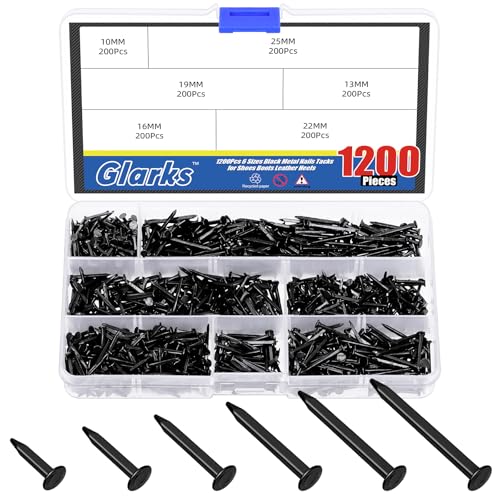 Glarks 1200pcs Shoe Repair Nails Tacks 3/8’’(10MM) 1/2’’(13MM) 5/8’’(16MM) 3/4’’(19MM) 7/8’’(22MM) 1’’(25MM) Replacement Heels Nails Tacks for Boots Furniture Nails Tacks Shoe Repair Tools