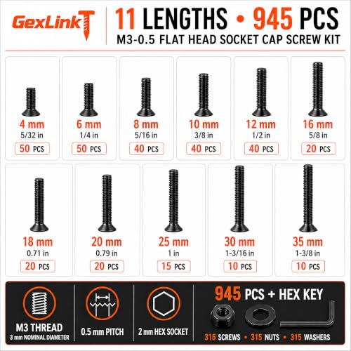 M3 Flat Head Socket Screw Assortment Kit, 11 Lengths M3 Countersunk Machine Screws with Hex Nuts, Flat Washers and Allen Key, Black Zinc-Plated, 945PCS