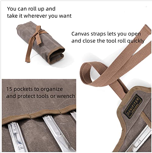 Tool Roll Up Organizer Bag, Heavy Duty 16oz Waxed Canvas Wrench Roll Up Bag with Straps, Multi-Purpose Tool Pouch (Grey) Grey