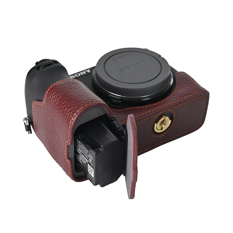 A6700 Case, BMAOLLONGB Handmade Litchi Genuine Real Leather Half Camera Case Bag Cover for Sony Alpha A6700 Bottom Opening Version + Hand Strap (Coffee) Coffee