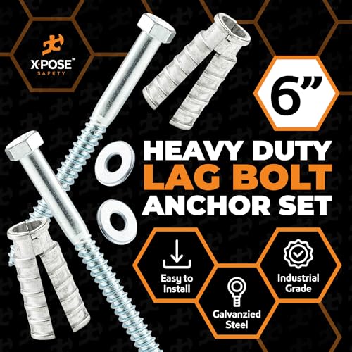 Concrete Anchors Set with 6" Lag Bolt, Lag Shield and Washer - 4 Sets per Pack - 1/2" Bolt Lag Screws 6-Inch for Parking Curb Stop - Galvanized Steel Lag Bolts 6"