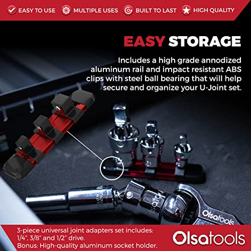 Olsa Tools Universal Joint Set - 3 Pc 1/2",3/8" & 1/4" Drive - Swivel U-Joint Socket Kit with Aluminum Rail - Ball and Angle Socket Adapters - Part 1243 1/4, 3/8 & 1/2" Drive Regular
