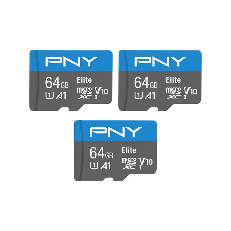 PNY 64GB Elite Mobile Accessories Class 10 U1 V10, A1 microSDHC Flash Memory Card for Mobile Devices - 100MB/s, Full HD, UHS-I, Micro SD 3-Pack 64GB 3-Pack