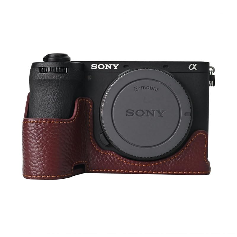 A6700 Case, BMAOLLONGB Handmade Litchi Genuine Real Leather Half Camera Case Bag Cover for Sony Alpha A6700 Bottom Opening Version + Hand Strap (Coffee) Coffee