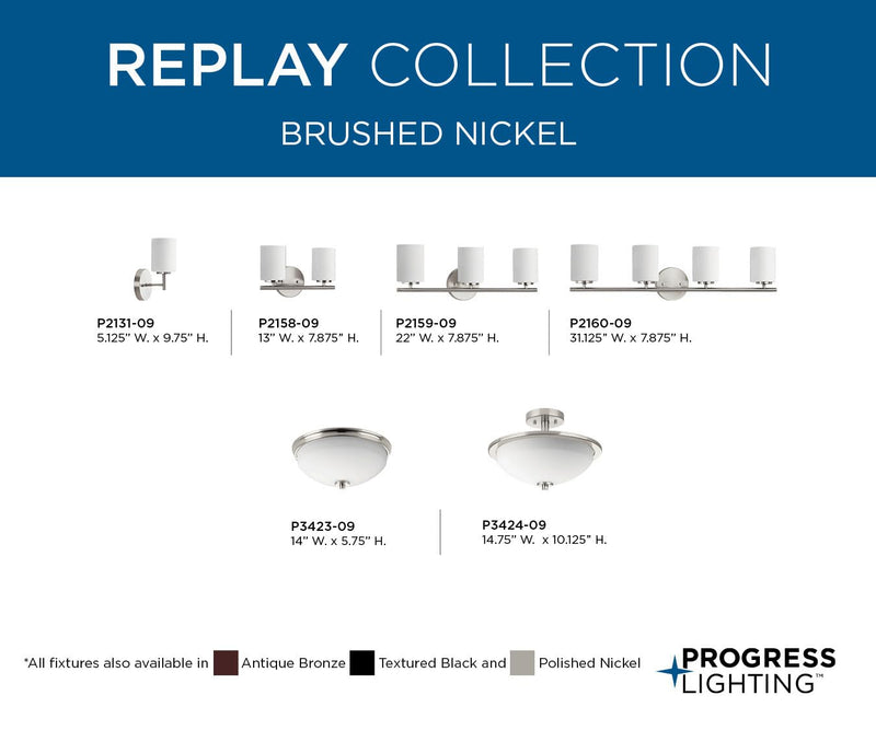 Progress Lighting Replay Collection 1-Light Etched White Glass Modern Bath Vanity Light Brushed Nickel, E26