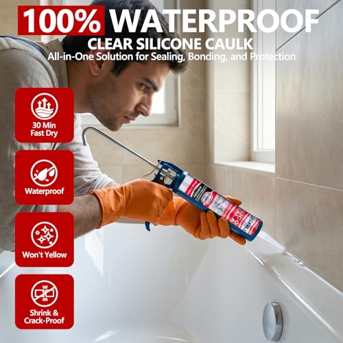 LISRUX Advanced Clear Silicone Caulk for Kitchen & Bathroom,10 fl oz Cartridge,12 Pack,100% Waterproof RTV Silicone Sealant,Stronger Adhesion,Shrink & Crack Proof 12P