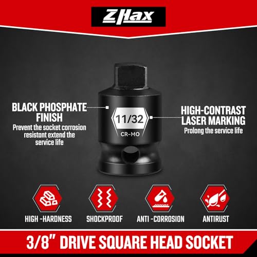 Zhax 12PCS 3/8-Inch Drive Pipe Plug Socket Set, Impact SAE (3/16-3/8inch), Chamfered 4 Point Female Square Sockets,Tapered Male Square Head Drive, Cr-Mo Steel