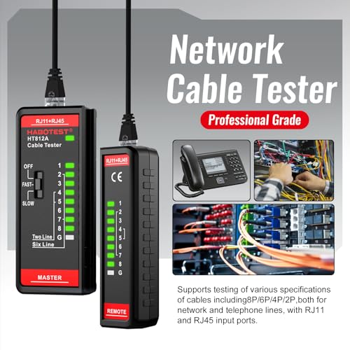Network Cable Tester, HABOTEST HT812A with RJ45 RJ11 Port, Ethernet Cable Tester Tool,Speaker, Coax, Video, and Data Fast/Slow Gear, 60V Cable Telephone Line Continuity Test for CAT5/CAT5E/CAT6/CAT6A