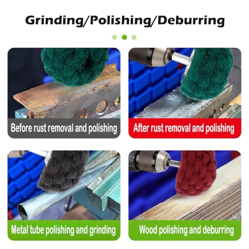 6 Pcs Scouring Pads Non Woven Abrasive Drill Cleaning Kit, Abrasive Buffing Polishing Wheel Drill Attachment Set, 3 Green and 3 Red Green/Red