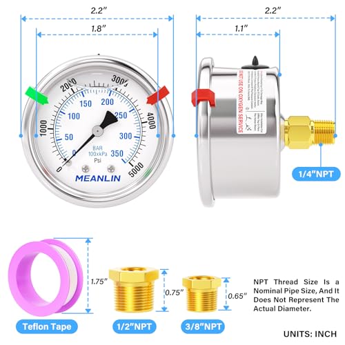 MEANLIN MEASURE 0~5000Psi Liquid Filled Pressure Gauge Stainless Steel 1/4" NPT 2" FACE DIAL for WOG Water Oil Air Center Back Mount, with Hex Bushing and 2PCS Snaps 0-5000Psi