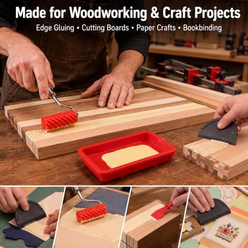 Silicone Glue Roller Kit Silicone Wood Applicator Kit with Tray and Brush Even Spread Edge Gluing Tool Set for Woodworking Arts Crafts Around the Home and Hobbyists