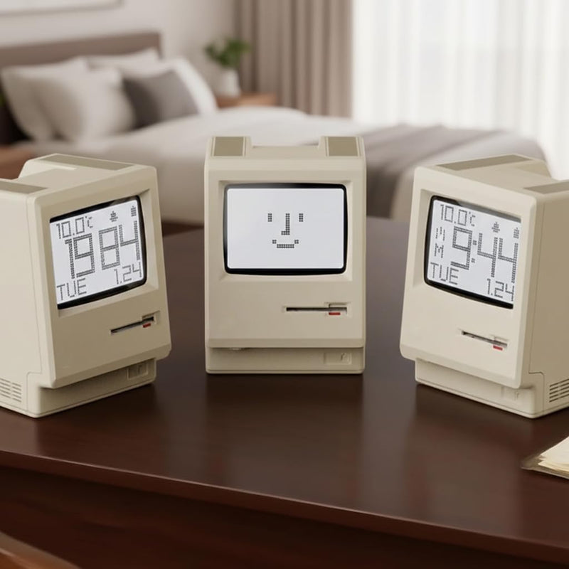 OIJ Maclock Retro Pixel Alarm Clock, 1984 Computer-Inspired USB Desk Clock with Pixel Display, Multiple Alarms, Adjustable Brightness, Calendar, Temperature