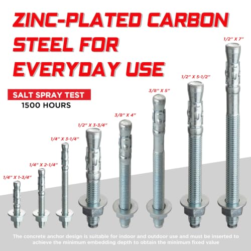 3/8" x 4" Wedge Anchor Bolts for Concrete, Zinc Plated Expansion Anchors for Brick, Block and Masonry Applications, 10 Pack 3/8" x 4"
