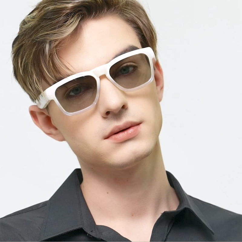 OhO Smart Glasses,Polarized Sunglasses with Bluetooth Speaker,Athletic/Outdoor UV Protection and Voice Control,Unisex(Transitional Lens) Shiny White Frame-transitional Grey Lens