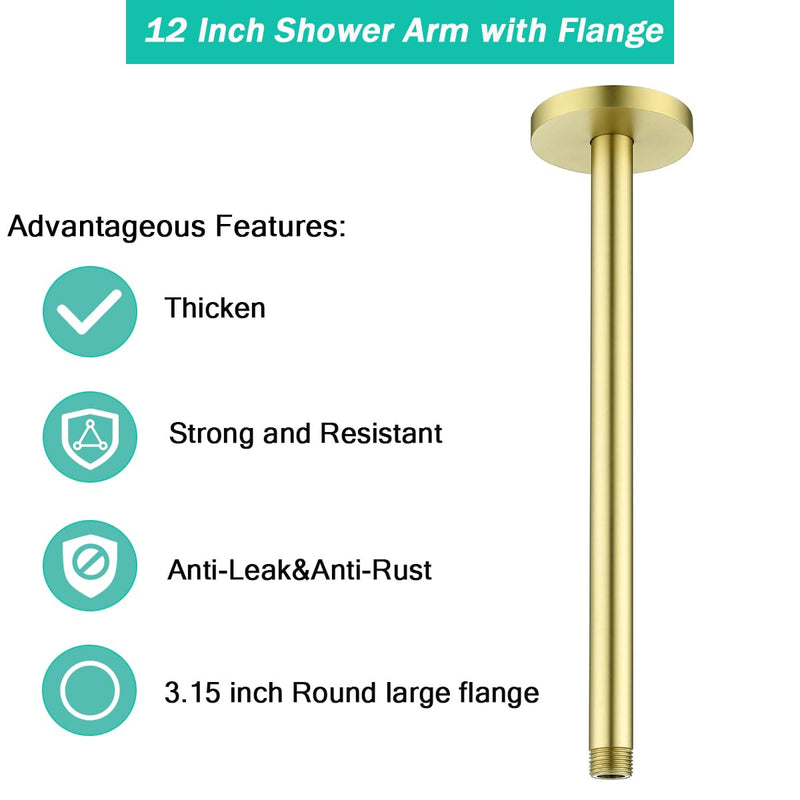 Brushed Gold Shower Arm with Flange 12 inch Stainless Steel Ceiling Mounted Shower Extension Arm Pipe for Rainfall Shower Head,SE-RD91038-12BG Round Flange-12″Brushed Gold