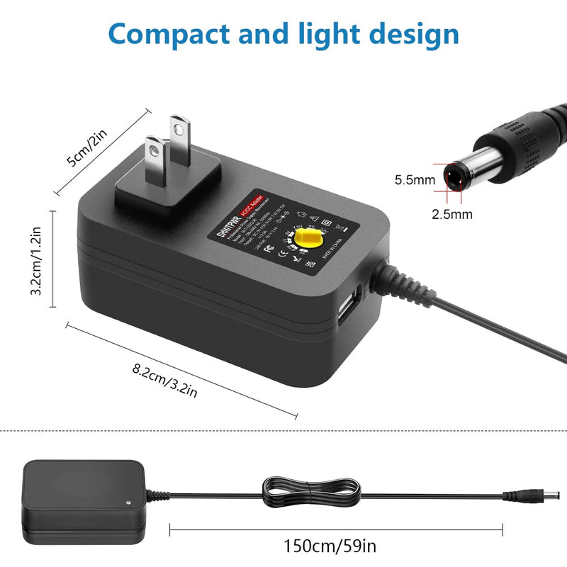 SHNITPWR 30W Universal Power Supply 3V 4.5V 5V 6V 7.5V 9V 12V Adjustable Variable AC/DC Adapter with 5V 2.1A USB Port, 100V-240V AC to DC 3V~12V Converter 0.5A 1A 1.2A 1.5A 2A 2.5A Max with 14 Tips 3V~12V-30W