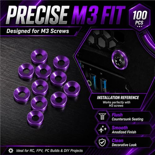 100PCS M3 Aluminum Countersunk Washers, Washer Kit for RC Cars, FPV, Robots purple