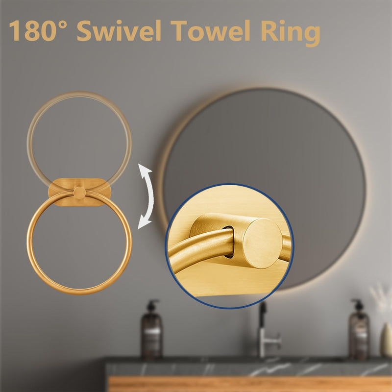 Self Adhesive Towel Ring and Toilet Paper Holder, No Drilling Stainless Steel Bathroom Hardware Set, Sturdy Bathroom Accessories for Home or Kitchen, Wall Mounted (Gold) Brushed Gold