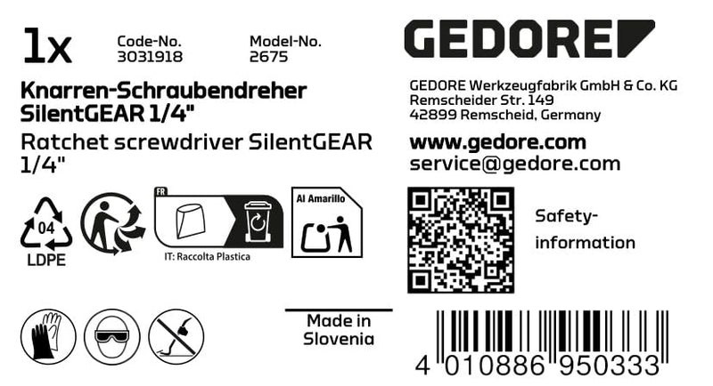 GEDORE Ratchet screwdriver, Magnetic bit holder, 1/4" 6.3 mm hex, Screwdriver, 2-component handle, 225 mm, 2675