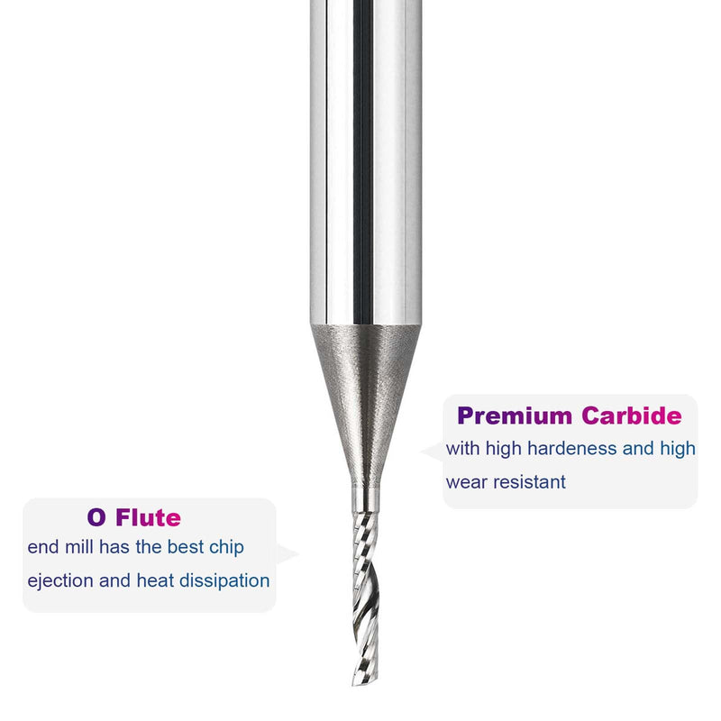SpeTool O Flute Spiral Rouer Bits 1/4 Inch Shank 1/16 Inch Cutting Diameter, Solid Carbide Upcut CNC Router Bit Single Flute End Mill for Aluminum Acrylic Metal Milling Cutter (Pack of 2) 1/16" Dia -3/8" CL - 1/4" Shank (Pack of 2)