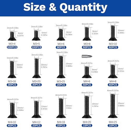 685Pcs M3 M4 Countersunk Screws Kit, Flat Head Phillips M3/M4-685 Pcs