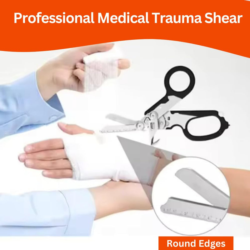 Pack 2 | 6 in 1 Multifunctional Trauma Shears Foldable with Strap Cutter | Heavy Duty Stainless Steel Emergency Response Shears | Survival Shears With Holster | Medical Trauma shears Tactical | Black