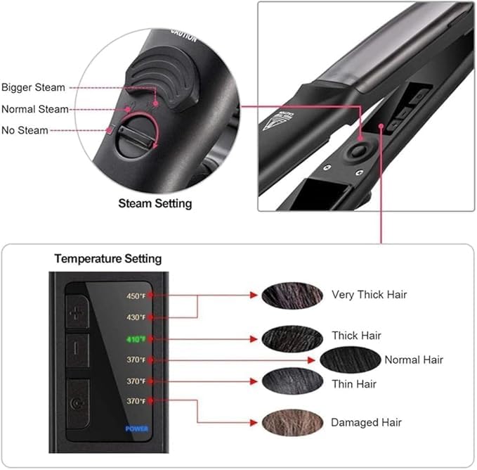 Professional 2 in 1 Steam Flat Iron, Hair Straightener & Curler Styler, Tourmaline Ceramic Steam Hair Straightener, Flat Iron Vapor Plate, Glossy Hairs, Adjustable Temperatures