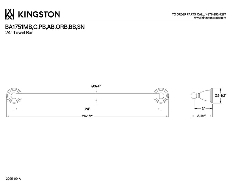 Kingston Brass BA1751ORB Heritage 24-Inch Towel-Bar, Oil Rubbed Bronze