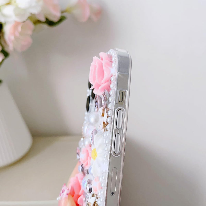 Bling Diamond Case for Samsung Galaxy A37 5G with Pearl Bracelet Strap Cover,Pink 3D Sparkly Shiny Crystal Rhinestones Flower Girly Shockproof Phone Case with Lanyard Pink