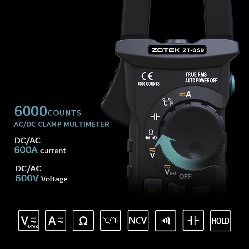 ZOYI ZT-QS9 Digital Clamp Meter Multimeter, T-RMS Auto-Ranging 6000 Counts, NCV Measures AC/DC 600V/600A, Capacitance, Resistance, Diode, Continuity, Duty-Cycle, Frequency and Temperature