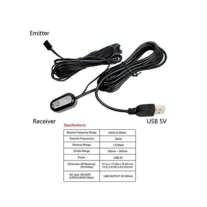 IR Repeater Infrared Remote Receiver and Emitters Control Kit Hidden IR System, USB Adapter for Amplifier Cable Box (1 Receiver 1 Emitter)