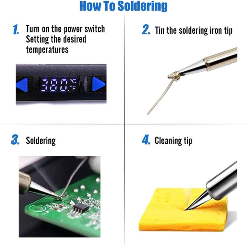110W Electronics Soldering Iron Kit - LCD Digital Soldering Iron Adjustable Temperature, Wire & Cutter, Stand, Soldering Iron Tip Set, Desoldering Pump, Solder, Tweezers, Soldering Flux Paste Blue