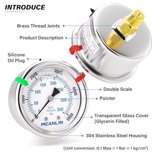 MEANLIN MEASURE 0~5000Psi Liquid Filled Pressure Gauge Stainless Steel 1/4" NPT 2" FACE DIAL for WOG Water Oil Air Center Back Mount, with Hex Bushing and 2PCS Snaps 0-5000Psi