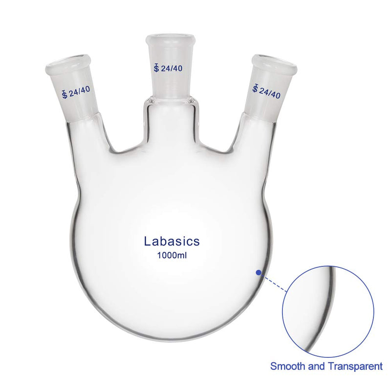 Labasics Glass 1000ml 3 Neck Round Bottom Flask RBF, with 24/40 Center and Side Standard Taper Outer Joint, 1000ml 1000 ml