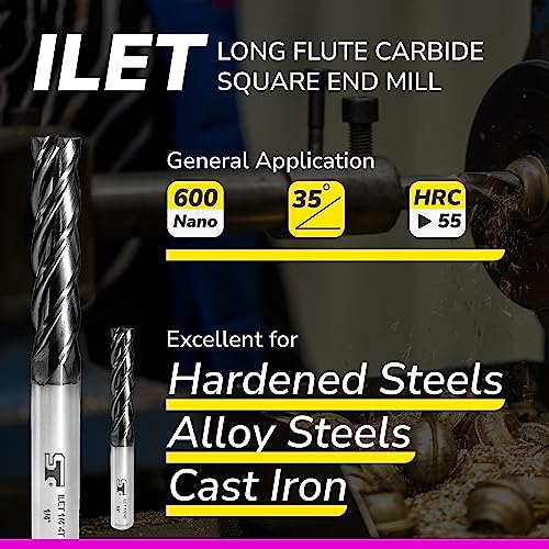 SPEED TIGER Micrograin Carbide Square Long Flute End Mill - 1/4" Diameter 1-1/8" Flute Length, 4" OVL, 4 Flutes - ILET (2 Pieces, 1/4") - for Alloy Steels, Hardened Steel & Metal– Mill Bits Sets 2 1/4 in