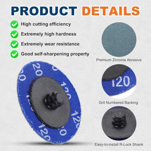 50 Pcs Zirconia Die Grinder Sanding Disc 2", 120 Grit 120 Grit with 1/4" Round/Hex Shank 50