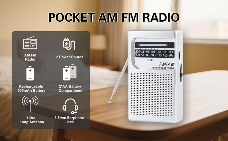 Portable Radio|AM FM Receiver Pocket Radio|2AA Battery Operated|USB-C Charge|Mini Transistor Radio for Gift, Family, Elder|3.5mm Earphone Jack(Model R-21RG)