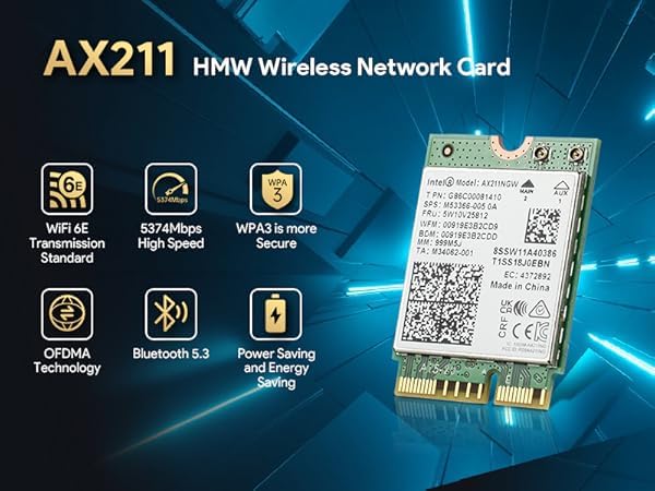 Intel AX211NGW Wi-Fi 6E Laptop Mobile Wireless Card: Tri-Band (2.4/5/6GHz), 2.4Gbps max Speed, Bluetooth 5.3, M.2 2230 CNVio2, MU-MIMO, OFDMA, Miracast. Support for Windows, Linux and Chrome. Wifi 6E