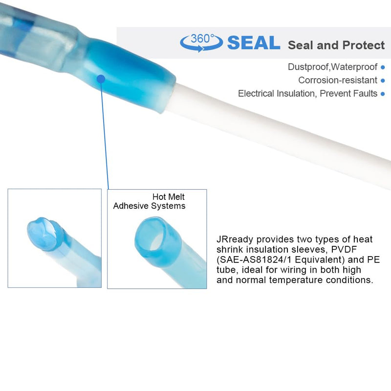 JRready 50Sets D-436 Series Heat Shrink Butt Splice Connector 20-16 AWG(D-436-37 M81824/1-2 Equivalent) IP68 Waterproof Blue Environmental Butt Splice with PVDF/PE Tubes ST6385-16-50 Wire Connectors 16#Blue-50Sets