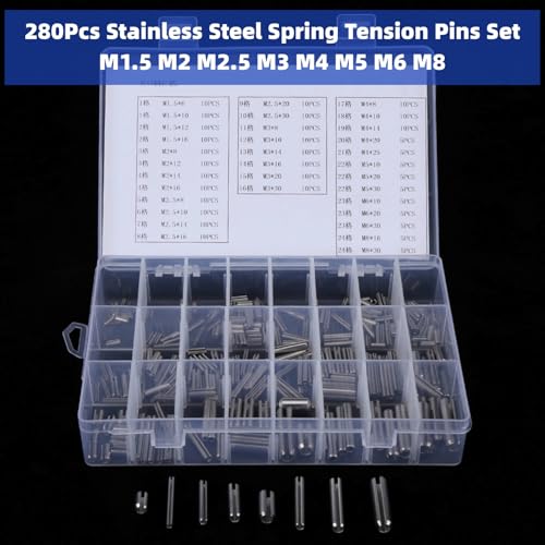 280Pcs Roll Pin Set Stainless Steel Slotted Pins Assortment Kit M1.5 M2 M2.5 M3 M4 M5 M6 M8 with Box