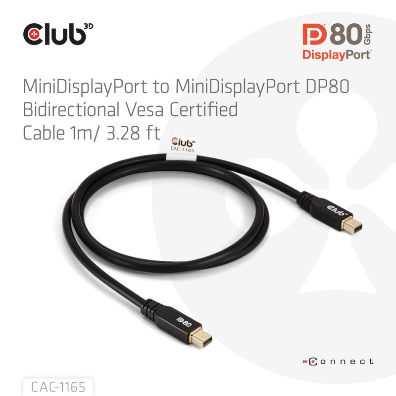Club 3D CAC-1165 Mini DisplayPort to Mini DisplayPort Bi-Directional VESA DP80 Certified Cable M/M 1m/3.28ft