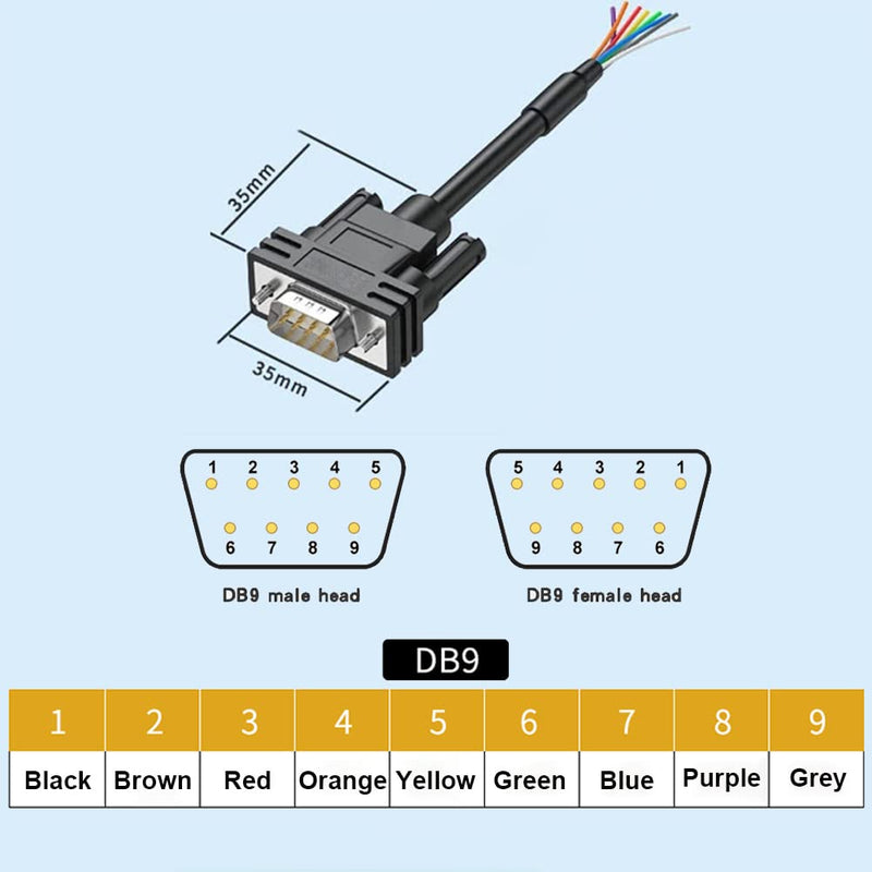 6.56Ft 24AWG DB9 Male RS232 9 Pin Serial Extension Cable, 9-Pin Gold Plated Connector with Bare Wire End Open Cable