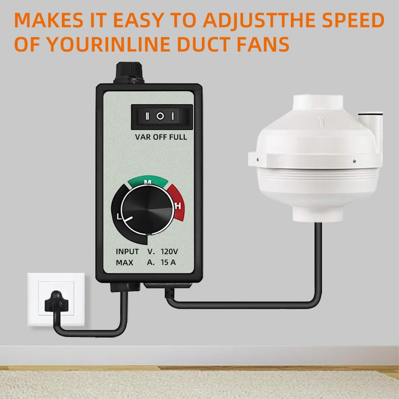 Electronic Fan Speed Controller, 0-100% Variable Speed Adjuster for Inline Duct Fans Radon Fan Hydroponic Exhaust Fans Equipped 6’ Long Cord