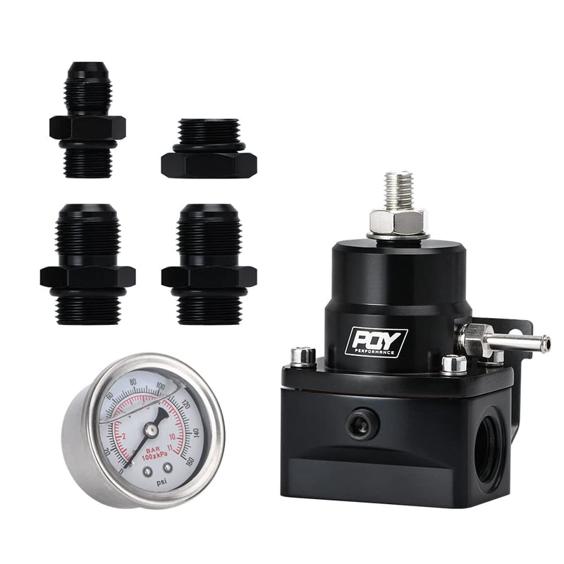 Fuel Pressure Regulator AN8 Feed & AN6 Return Line + 0-160PSI Gauge Set Black