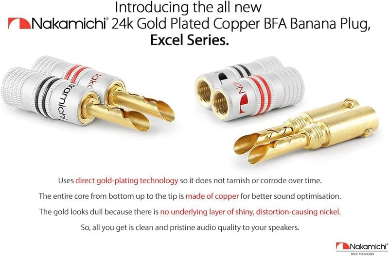 Nakamichi Excel Series 24k Gold Plated BFA Banana Plug 12-18 AWG Gauge Size 4mm for Speakers Amplifier Hi-Fi AV Stereo Home Theatre Audio Wire Cable Screw Connector, 10 Pcs (5-Pairs) 10 Pcs (5-Pairs)