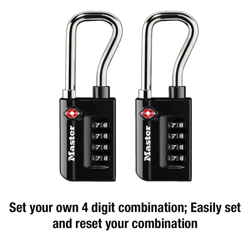 Master Lock TSA Approved Combination Luggage Lock Black 2-Pack 4696THC | Heavy Duty Set Your Own 4-digit Combination Lock For Suitcases, Backpacks, Airport Security, 1-7/8" Extended Shackle 2 Pack