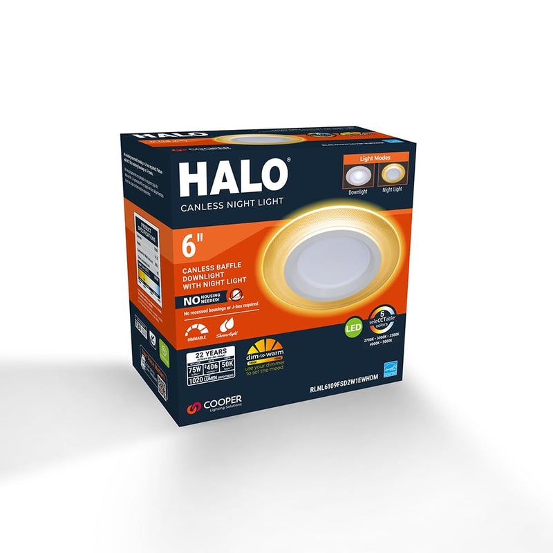 HALO RL 6 in Recessed LED Canless Dual Mode Night Light and Downlight, 1000 Lumens, Selectable CCT 2700K-5000K, Dim to Warm Technology, Matte White - RLNL6109FSD2W1EWHDM 5 CCT with Dim to Warm 6 Inch