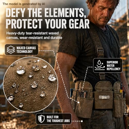 Waterproof Waxed Canvas Tool Belts for Men with 19 Pockets, Tear-resistant