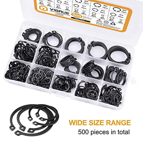 VIGRUE 500Pcs Snap Rings Assortment Alloy Steel External Circlip Snap Retaining Clip Rings Set, M4-M28, 21 Different Sizes Black