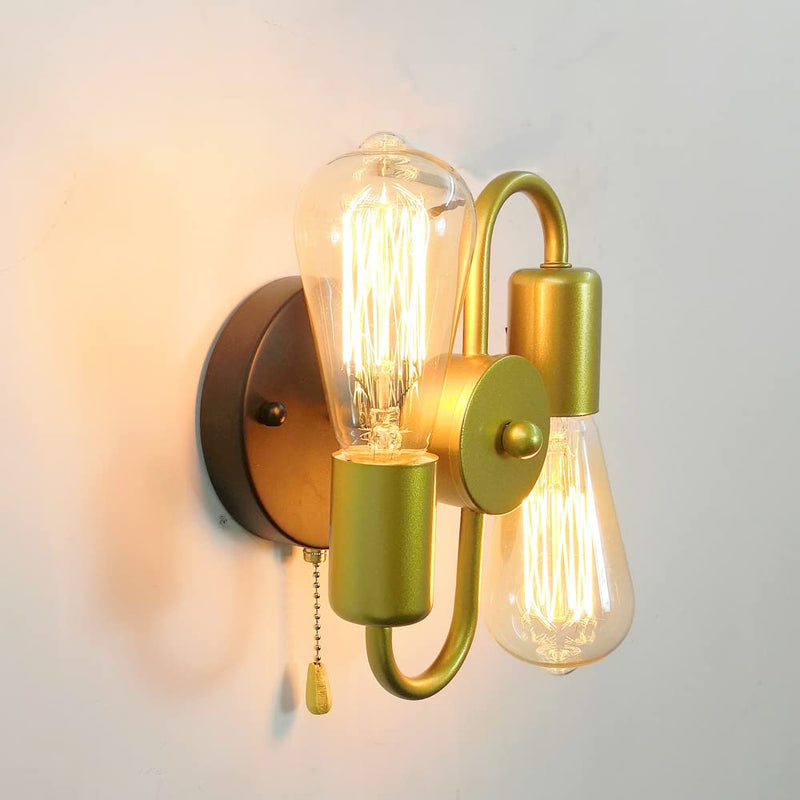 Pull Chain Switch Wall Sconces,2-Light Industrial Metal Wall Light Fixtures Sconces Wall Lighting for Bedroom Bathroom Kitchen Porch (Gold) Gold